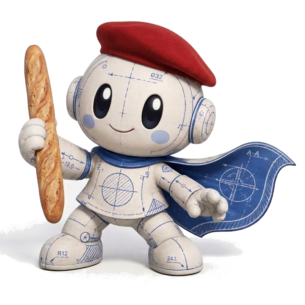 La mascotte superglass con un basco rosso e una baguette