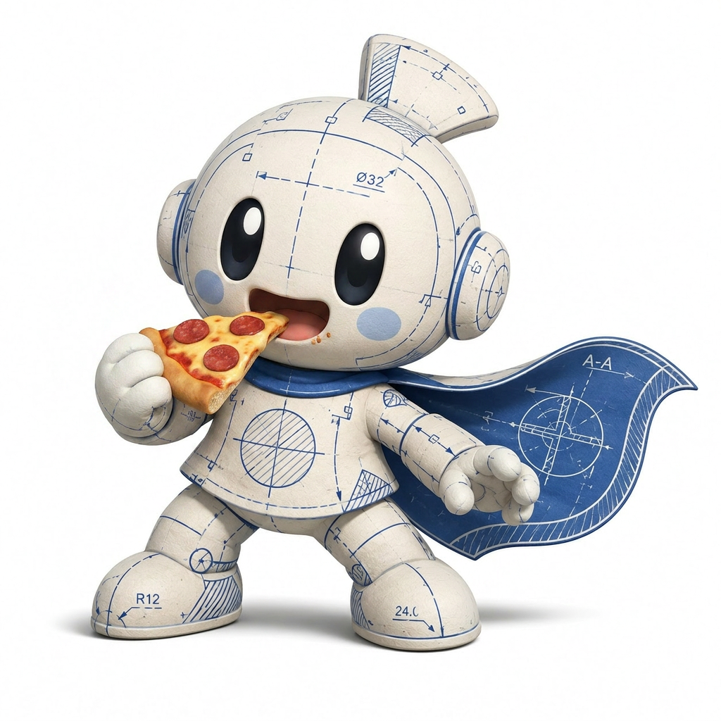 Hungry, the superglass mascot — a small white robot covered in blueprint markings, wearing a cape, happily biting into a slice of pizza.