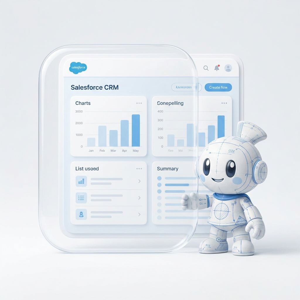 The superglass mascot standing beside a Salesforce dashboard