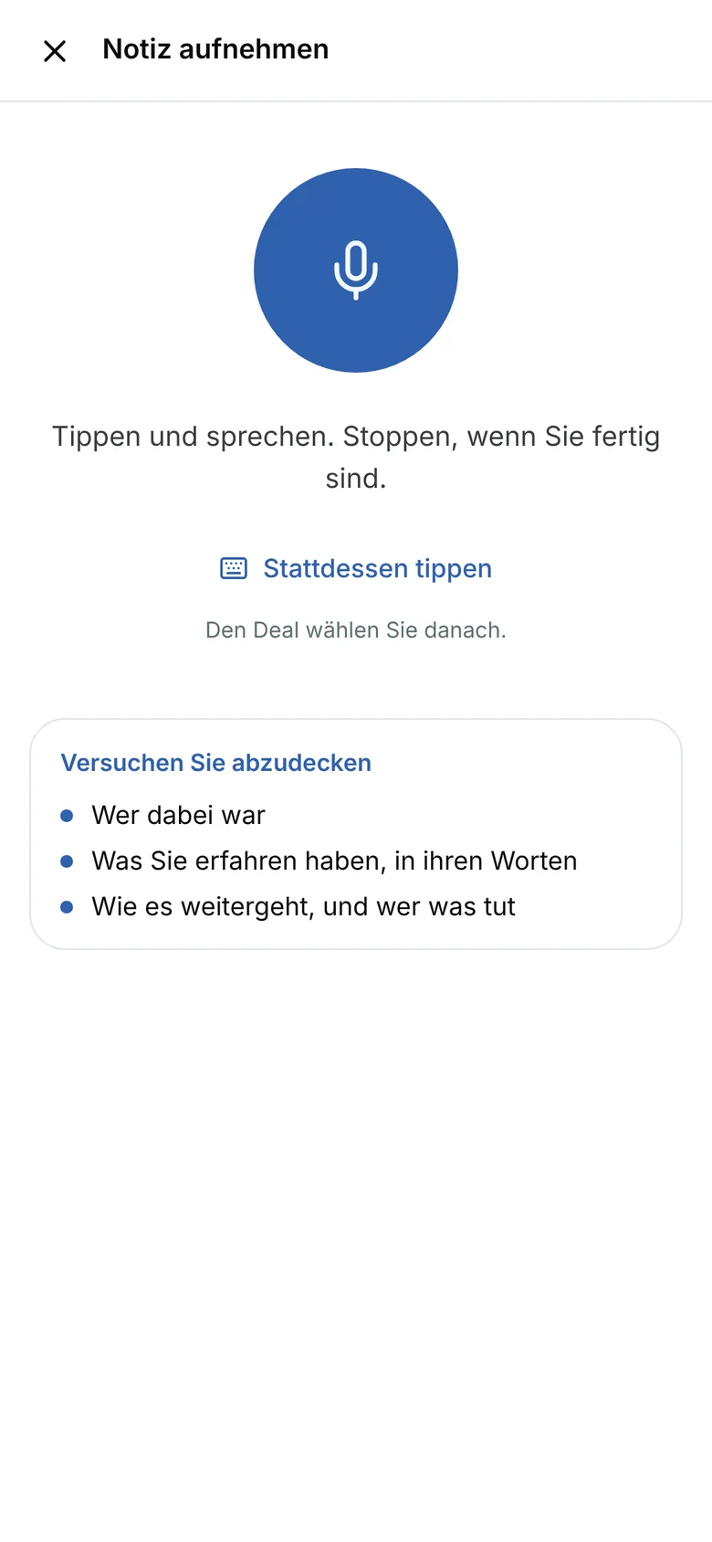 Notiz aufnehmen auf einem Smartphone: ein blauer Mikrofon-Button, Tippen und sprechen