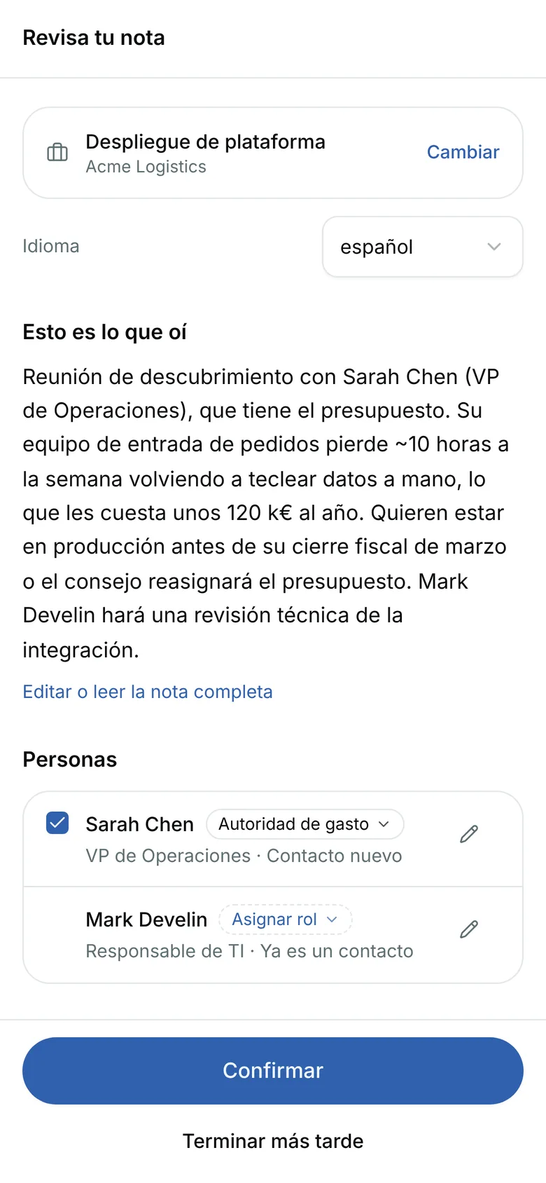 Revisa tu nota: el negocio Despliegue de plataforma con Cambiar, y Esto es lo que oí