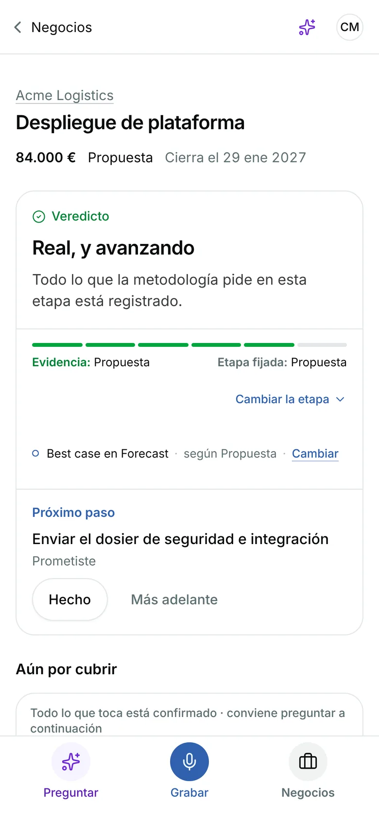La página del negocio Despliegue de plataforma: veredicto Real, y avanzando, evidencia y etapa fijada ambas en Propuesta, próximo paso Enviar el dosier de seguridad e integración, y nada por preguntar