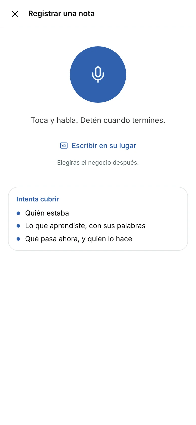 Registrar una nota en un móvil: un botón azul de micrófono, Toca y habla
