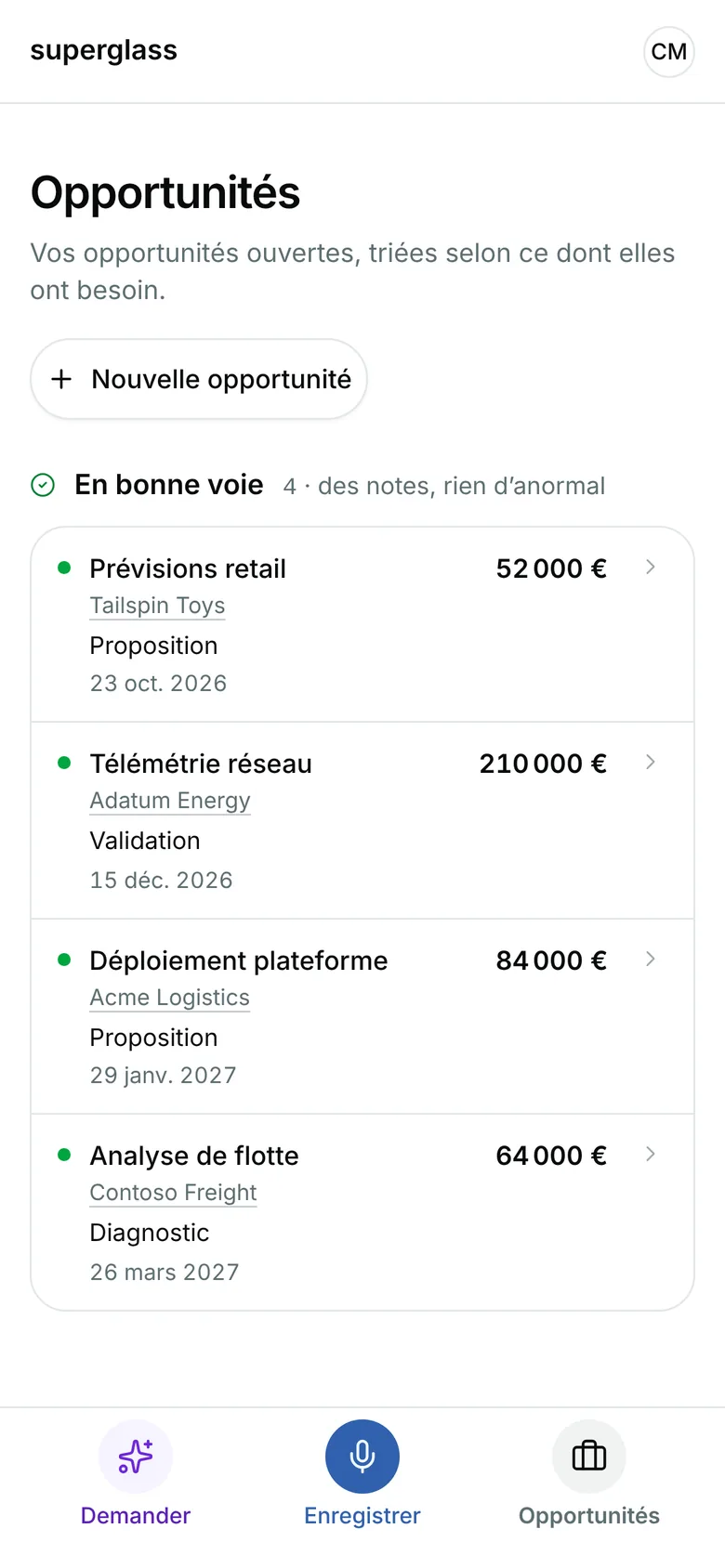 Opportunités : Prévisions retail chez Tailspin Toys est à traiter, puis le Déploiement plateforme d’Acme et ses autres opportunités en bonne voie