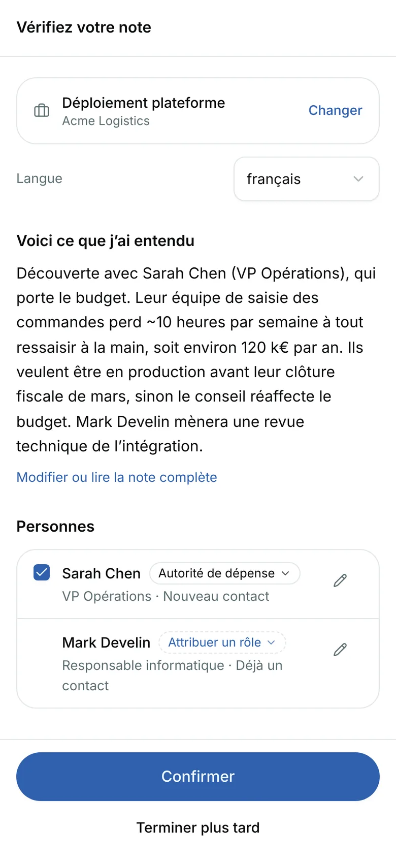 Vérifiez votre note : l’opportunité Déploiement plateforme avec Changer, et Voici ce que j’ai entendu