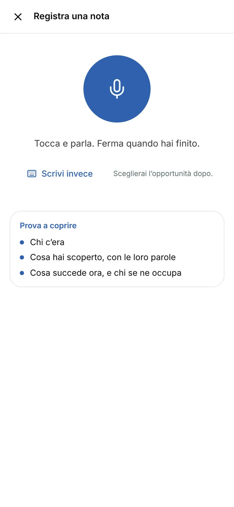 Registra una nota su un telefono: un pulsante blu con il microfono, Tocca e parla