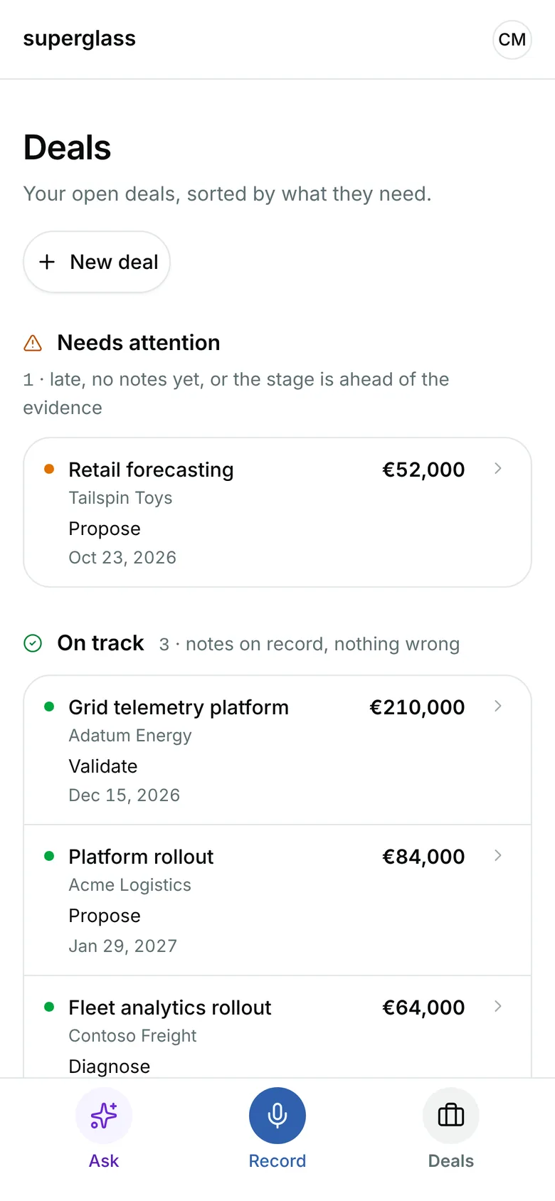 Deals: Retail forecasting at Tailspin Toys needs attention, then Acme’s Platform rollout and her other deals on track