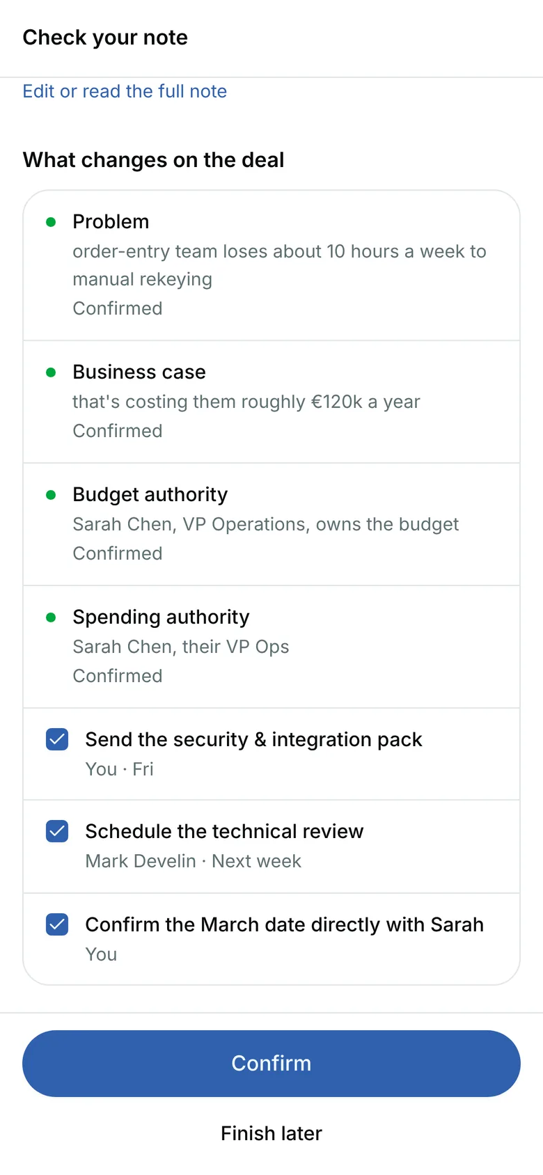 What changes on the deal, the next steps to add, and the Confirm button
