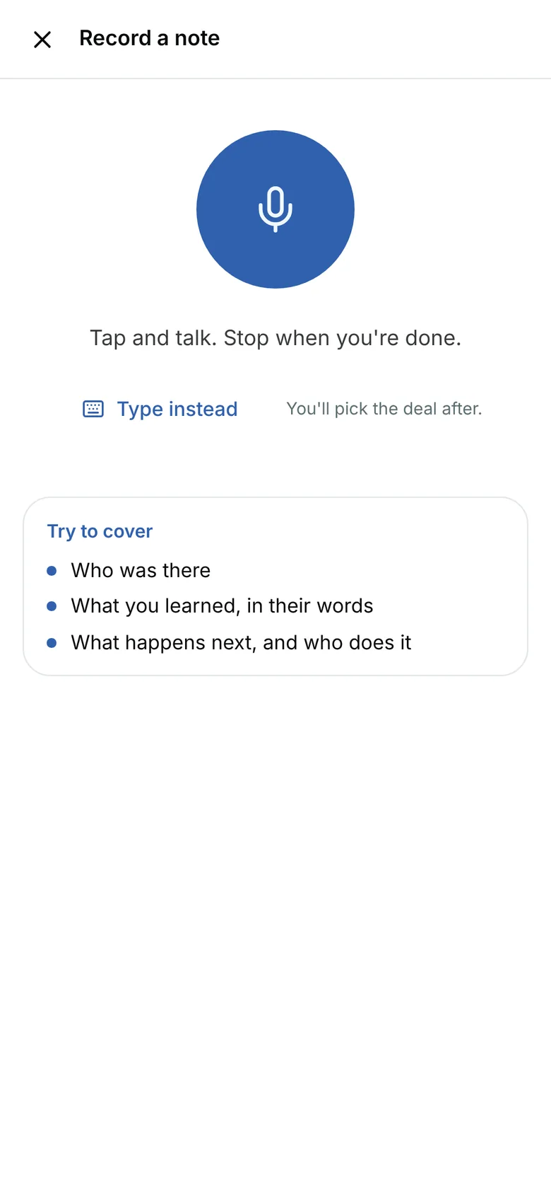 Record a note on a phone: a blue microphone button, Tap and talk